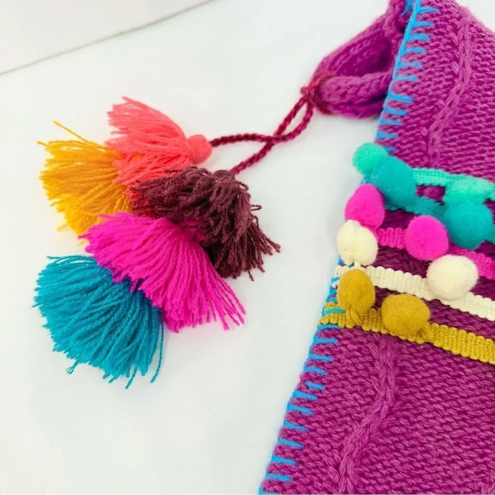 Natural Life Set of 3 Boho Christmas Stockings Purple Cable Knit PomPom Trim